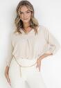 Beżowa Bluzka z Kołnierzykiem i Rękawem 7/8 Maki