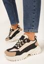 Beżowo-Czarne Sneakersy na Grubej Płaskiej Podeszwie z Cholewką przed Kostkę i Metaliczną Wstawką Umaia