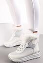 Białe Botki na Grubej Platformie ze Żłobieniami i Metaliczną Wstawką oraz Sztucznym Futerkiem Bonfia