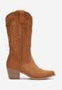 Brązowe Kozaki Kowbojki na Niskim Obcasie ze Zdobieniem na Wysokiej Cholewce Aymiah