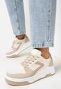 Beżowe Sznurowane Sneakersy na Grubej Podeszwie z Ozdobnymi Przeszyciami Alseana