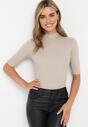 Ciemnobeżowa Bluzka z Golfem i Krótkimi Rękawami w Prążki Duri