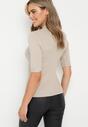 Ciemnobeżowa Bluzka z Golfem i Krótkimi Rękawami w Prążki Duri
