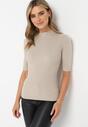 Ciemnobeżowa Bluzka z Golfem i Krótkimi Rękawami w Prążki Duri