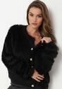 Czarny Dzianinowy Sweter Kardigan z Długim Włosem na Guziki Piolusa