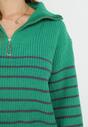 Zielony Golf Sweter w Paski Zapinany na Suwak przy Dekolcie z Długim Rękawem Keos