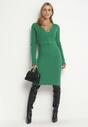 Zielony Dzianinowy Komplet z Sukienką i Rozpinanym Swetrem Rysmena