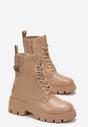Ciemnobeżowe Sznurowane Botki na Płaskiej Grubej Podeszwie z Ozdobnym Napisem Areir
