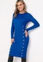 Niebieska Sukienka Midi Dopasowana z Prążkowanej Dzianiny Ozdobiona Guzikami Leadiss