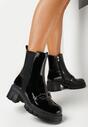 Czarne Lakierowane Botki na Niewysokim Słupku z Cholewką za Kostkę Semikas