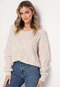 Jasnobeżowy Luźny Sweter z Trójkątnym Dekoltem i Ściągaczami Tamado
