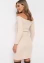 Beżowa Prążkowana Sukienka Mini o Dopasowanym Fasonie ze Sweterkowej Dzianiny i z Ozdobnym Wiązaniem Timhona