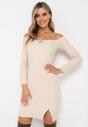 Beżowa Prążkowana Sukienka Mini o Dopasowanym Fasonie ze Sweterkowej Dzianiny i z Ozdobnym Wiązaniem Timhona