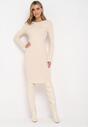 Beżowa Sweterkowa Midi Sukienka z Długim Rękawem i Okrągłym Dekoltem z Wełną i Kaszmirem Purive