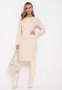 Beżowa Sweterkowa Midi Sukienka z Długim Rękawem i Okrągłym Dekoltem z Wełną i Kaszmirem Purive
