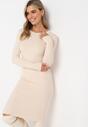 Beżowa Sweterkowa Midi Sukienka z Długim Rękawem i Okrągłym Dekoltem z Wełną i Kaszmirem Purive