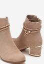 Ciemnobeżowe Botki na Słupku z Metaliczną Wstawką Reliko