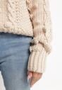 Beżowy Sweter z Wełną i Bawełną Ozdobiony Grubym Splotem Numike