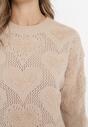 Beżowy Sweter w Serca o Klasycznym Fasonie ze Ściągaczami Biriet