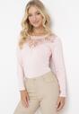 Różowa Bluzka z Koronkowym Dekoltem z Elastycznej Bawełny Roshana