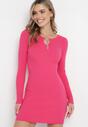 Fuksjowa Dopasowana Mini Sukienka z Prążkowanej Dzianiny z Metalową Ozdobą w Kształcie Serca Xustin