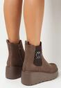 Ciemnobeżowe Botki z Imitacji Zamszu na Koturnie z Platformą Brelone