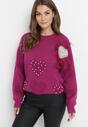 Fioletowy Sweter z Naszywkami w Perły i Cyrkonie Aljia