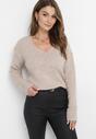 Beżowy Klasyczny Sweter z Trójkątnym Dekoltem i Ściągaczami Nurela