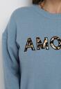 Jasnoniebieski Sweter z Napisem Amour i Okrągłym Dekoltem Satrise