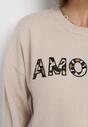 Beżowy Sweter z Napisem Amour i Okrągłym Dekoltem Satrise