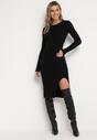 Czarna Dopasowana Sukienka Sweterkowa z Rozcięciem Aminna