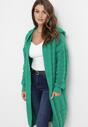Zielony Długi Kardigan z Kapturem Ozdobiony Splotem Galemes