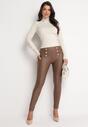 Brązowe Spodnie Skinny Retro z Wysoką Talią Ozdobione Napami Kumia