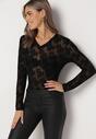 Czarna Bluzka z Siateczki i Welurowym Nadrukiem Roccos