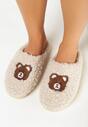 Beżowe Kapcie z Naszywką Misia ze Sztucznego Futra Sarnelia