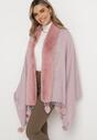 Jasnoróżowy Szeroki Szalik Narzutka z Pomponami i Futerkiem Naqila