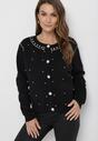 Czarny Wiskozowy Sweter Kardigan z Ozdobnymi Guzikami Cyrkoniami i Metalicznymi Koralikami Leopoldi