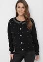 Czarny Wiskozowy Sweter Kardigan z Ozdobnymi Guzikami Cyrkoniami i Metalicznymi Koralikami Leopoldi