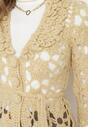 Beżowy Kardigan z Ażurowym Zdobieniem i Wiązanym Paskiem Sabelia
