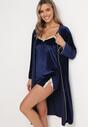 Granatowy Komplet Szlafrok i Koszula Nocna z Weluru Semite