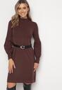 Brązowa Sweterkowa Sukienka z Półgolfem Deulia