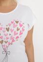 Biały Bawełniany T-shirt z Nadrukiem w Serca Zdobiony Brokatem i Rękawami Typu Nietoperz Dipti