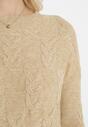Beżowy Sweter o Warkoczowym Splocie z Okrągłym Dekoltem Selinera