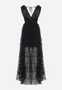 Czarna Sukienka Maxi z Kopertowym Dekoltem i Tiulowym Dołem z Wiązaniem na Plecach Cesudja