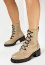 Ciemnobeżowe Sznurowane Botki w Stylu Traperów na Słupkowym Obcasie Blonosa