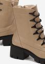 Ciemnobeżowe Sznurowane Botki w Stylu Traperów na Słupkowym Obcasie Blonosa