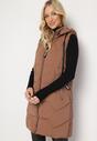 Brązowa Kamizelka o Wydłużonym Fasonie z Pikowaniem i Odpinanym Kapturem  Berovia