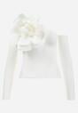 Biała Asymetryczna Bluzka z Prążkowanej Wiskozy z Ozdobnym Kwiatem Badian
