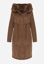 Brązowa Kurtka za Kolano ze Ściągaczem i Kapturem z Futerkiem Adoresa