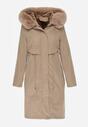 Beżowa Kurtka za Kolano ze Ściągaczem i Kapturem z Futerkiem Adoresa